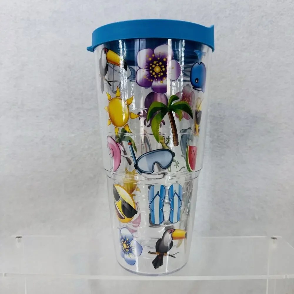 EUC HTF Tervis Emoji 24oz Tumbler With Blue Lid Summer Beach Island Vibes
